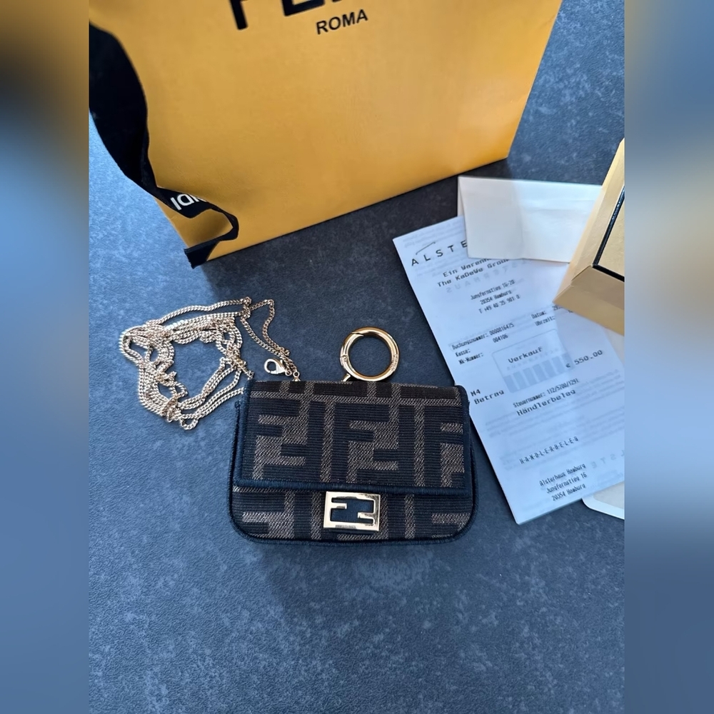 Fendi Brown FF jacquard fabric charm Nano version of the iconic Baguette bag